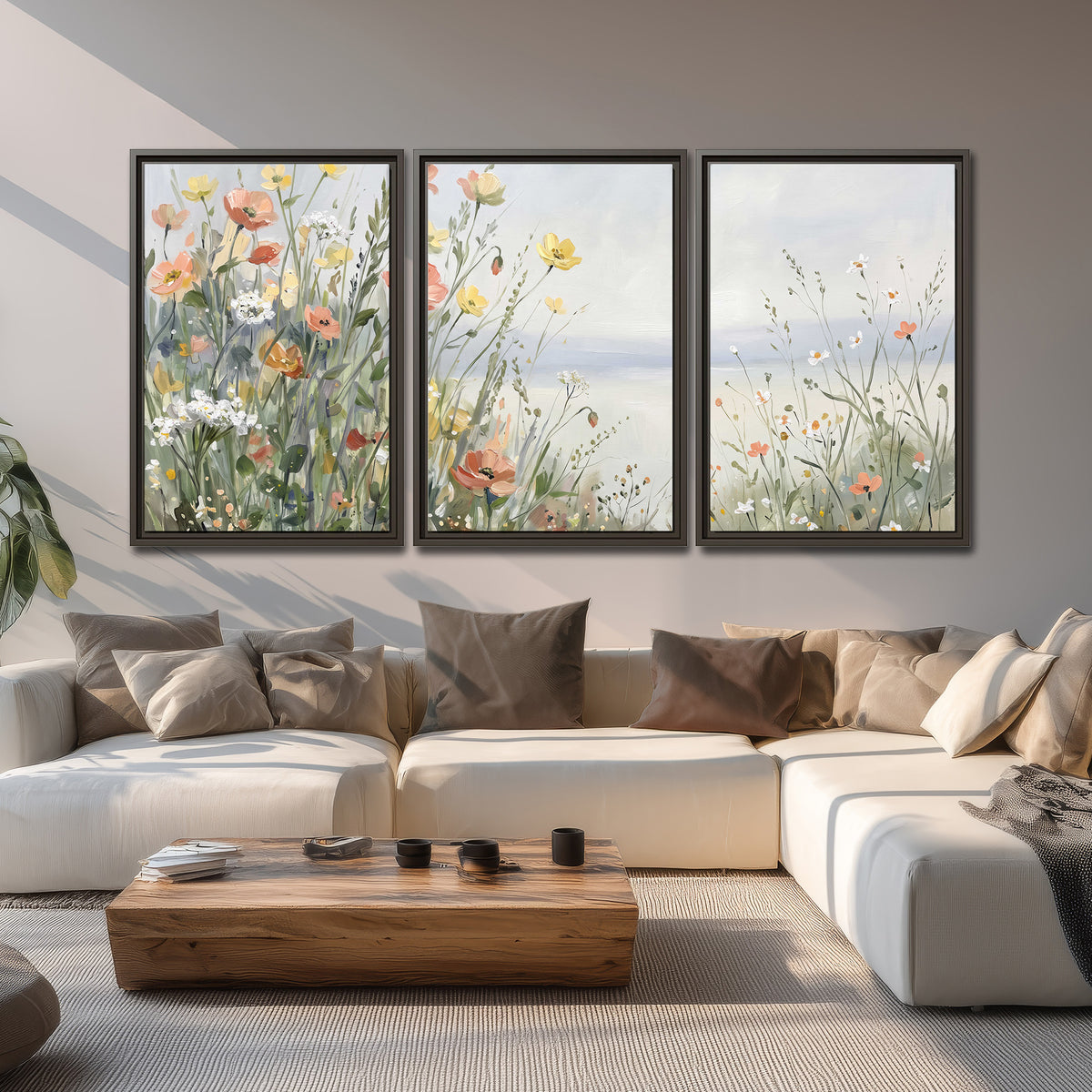 Small colorful wildflowers and light grasses beside a pale lake 3 piece framed canvas wall art displayed in a living room
