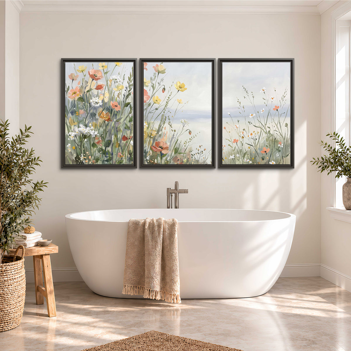 Small colorful wildflowers and light grasses beside a pale lake 3 piece framed canvas wall art styled in an interior