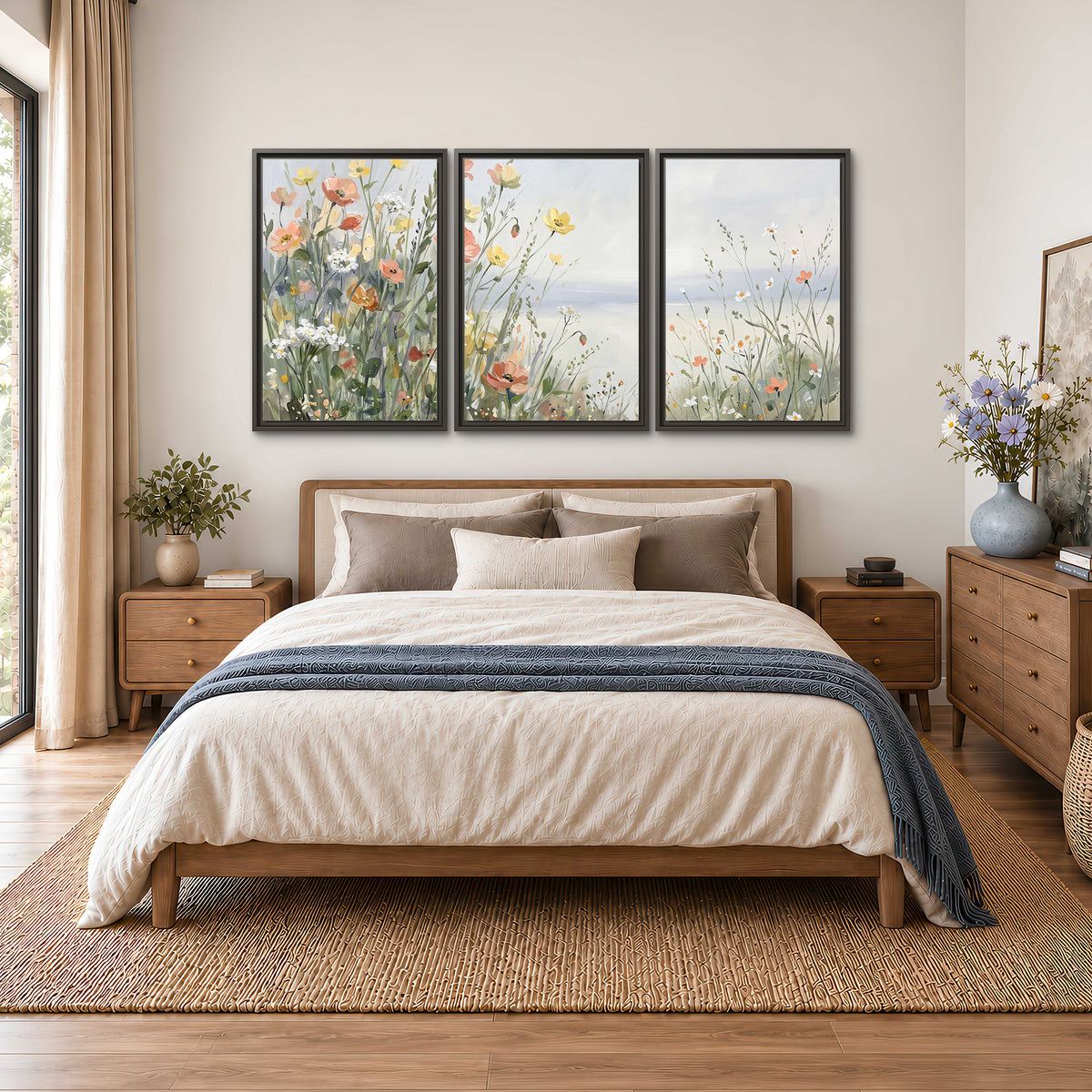 Small colorful wildflowers and light grasses beside a pale lake 3 piece framed canvas wall art styled in an interior