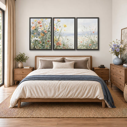Small colorful wildflowers and light grasses beside a pale lake 3 piece framed canvas wall art styled in an interior