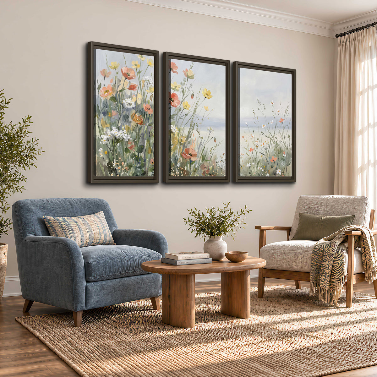 Small colorful wildflowers and light grasses beside a pale lake 3 piece framed canvas wall art styled in an interior
