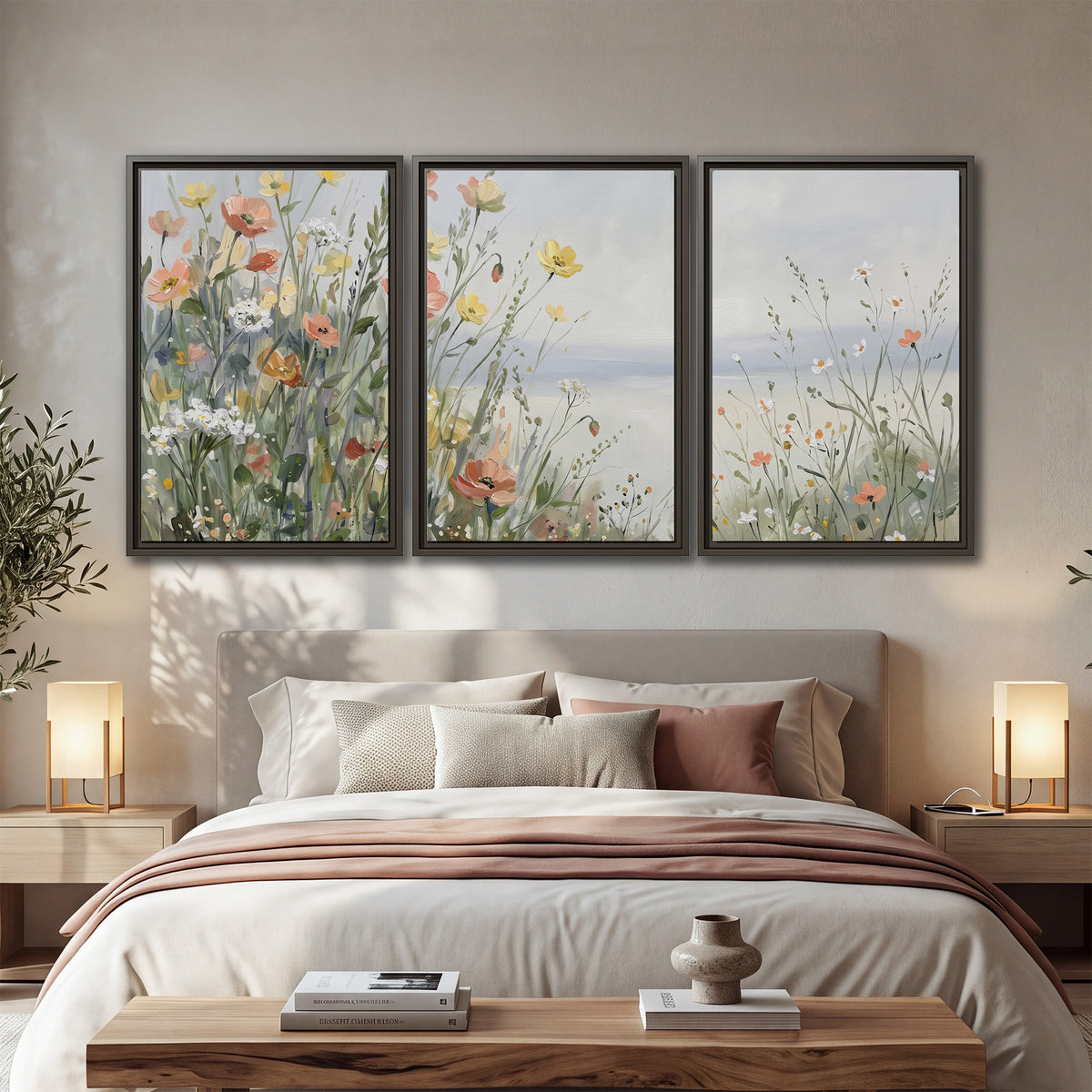 Small colorful wildflowers and light grasses beside a pale lake 3 piece framed canvas wall art displayed in a bedroom