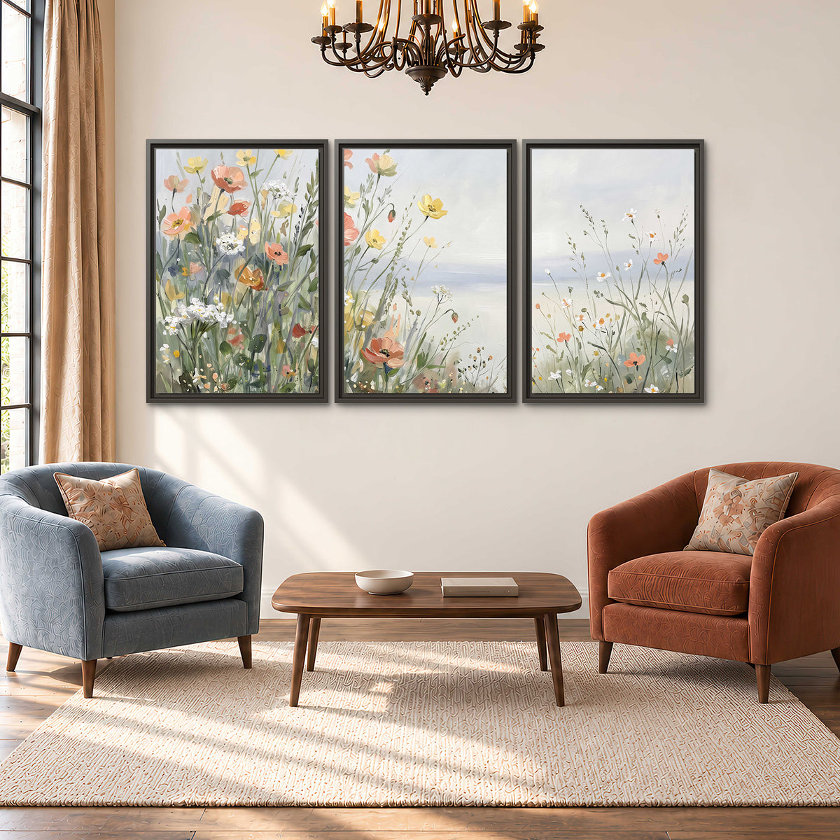 Small colorful wildflowers and light grasses beside a pale lake 3 piece framed canvas wall art styled in an interior