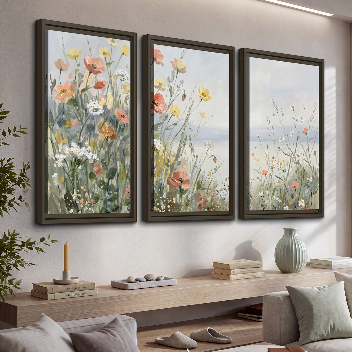 Small colorful wildflowers and light grasses beside a pale lake 3 piece framed canvas wall art displayed in a console