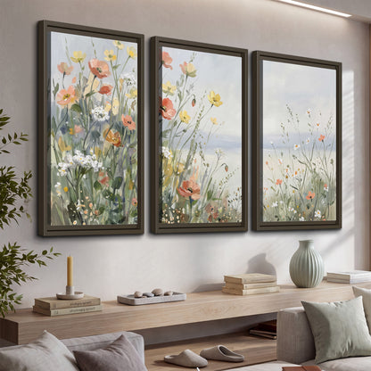 Small colorful wildflowers and light grasses beside a pale lake 3 piece framed canvas wall art displayed in a console