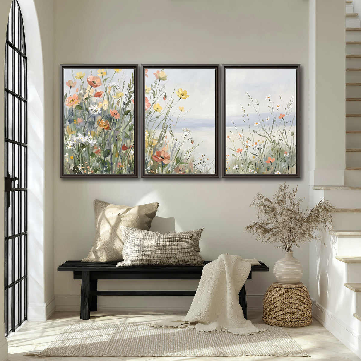 Small colorful wildflowers and light grasses beside a pale lake 3 piece framed canvas wall art displayed in a entryway