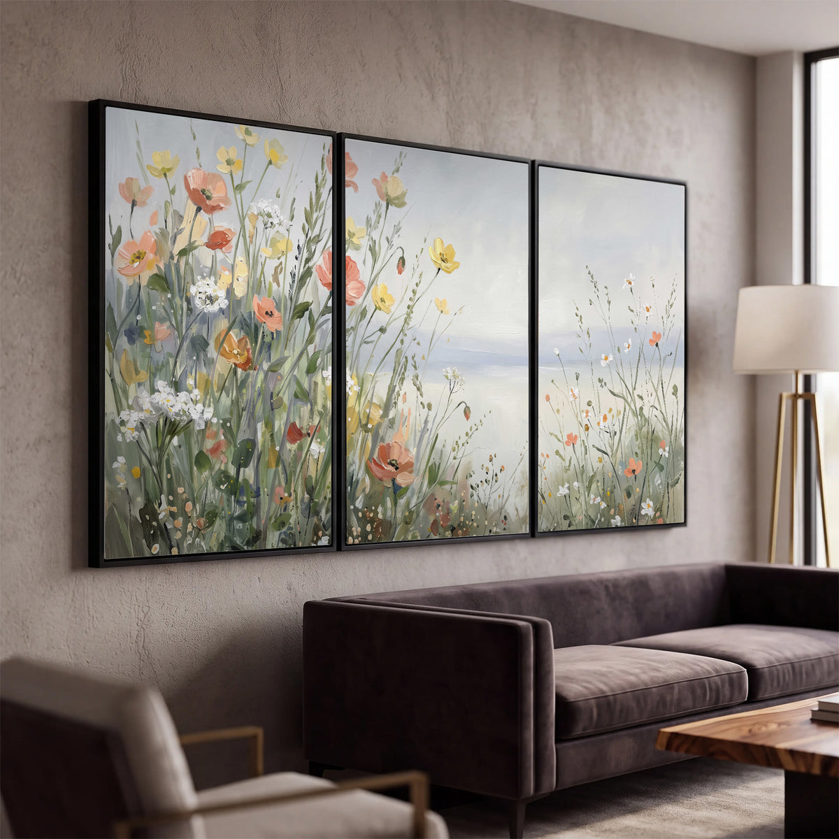 Small colorful wildflowers and light grasses beside a pale lake 3 piece framed canvas wall art displayed in a modern living room