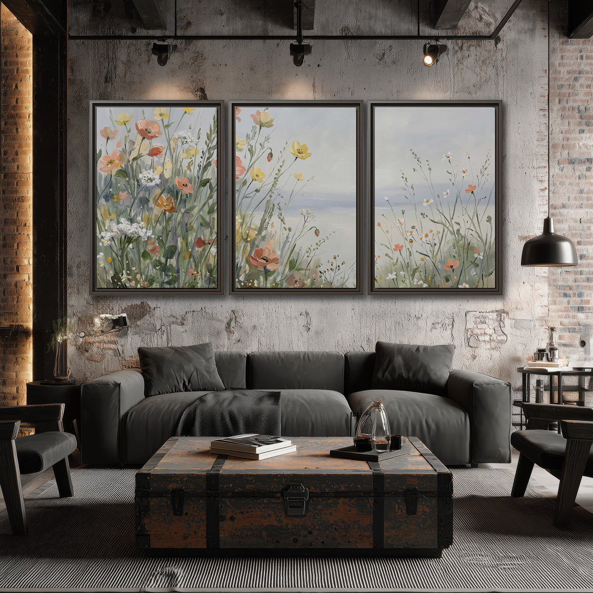Small colorful wildflowers and light grasses beside a pale lake 3 piece framed canvas wall art displayed in a industrial room