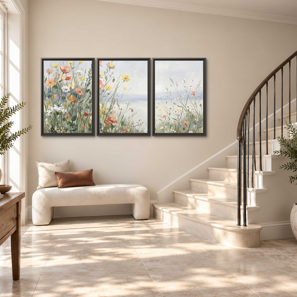 Small colorful wildflowers and light grasses beside a pale lake 3 piece framed canvas wall art styled in an interior