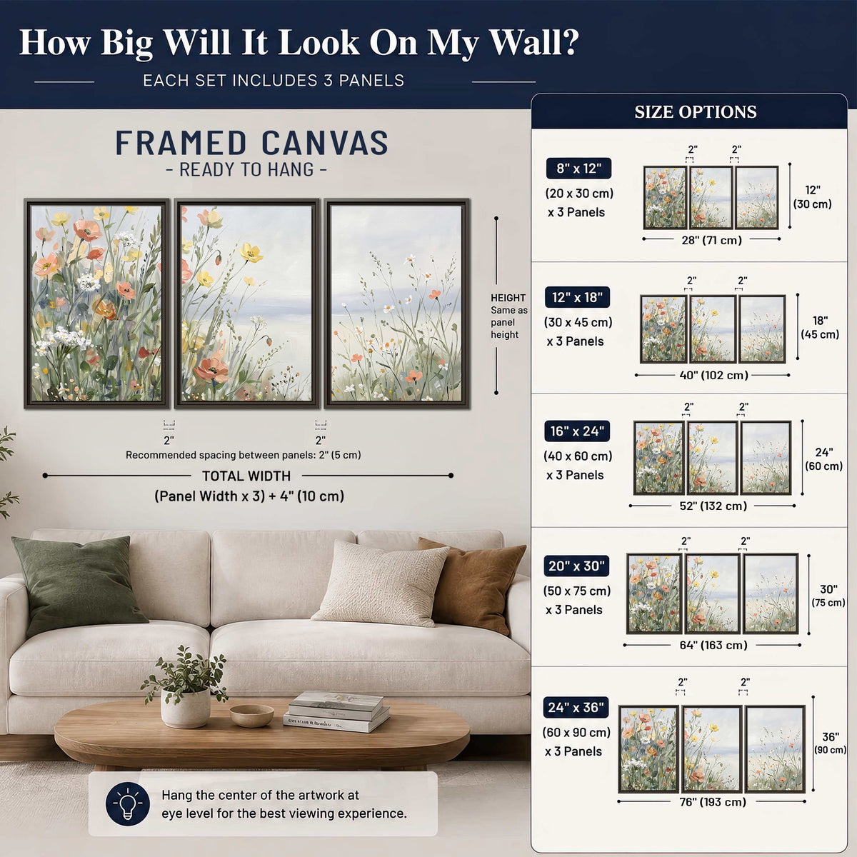 Small colorful wildflowers and light grasses beside a pale lake 3 piece framed canvas wall art size guide above a sofa; room view is illustrative