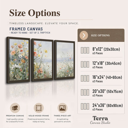 Small colorful wildflowers and light grasses beside a pale lake 3 piece framed canvas wall art available dimensions; triptych dimensions are per panel