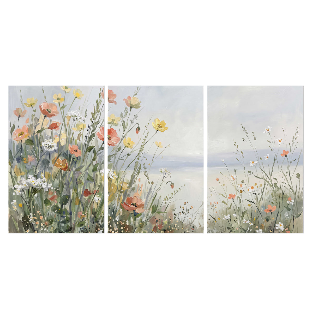 Small colorful wildflowers and light grasses beside a pale lake set of 3 poster prints viewed straight on
