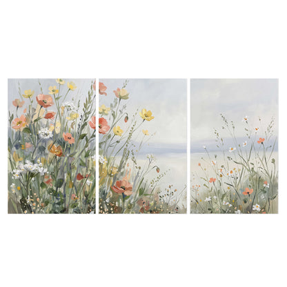 Small colorful wildflowers and light grasses beside a pale lake set of 3 poster prints viewed straight on
