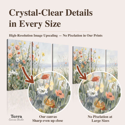 Small colorful wildflowers and light grasses beside a pale lake artwork quality information