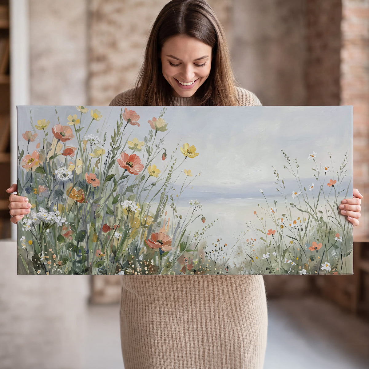 Small colorful wildflowers and light grasses beside a pale lake single canvas wall art held in hands