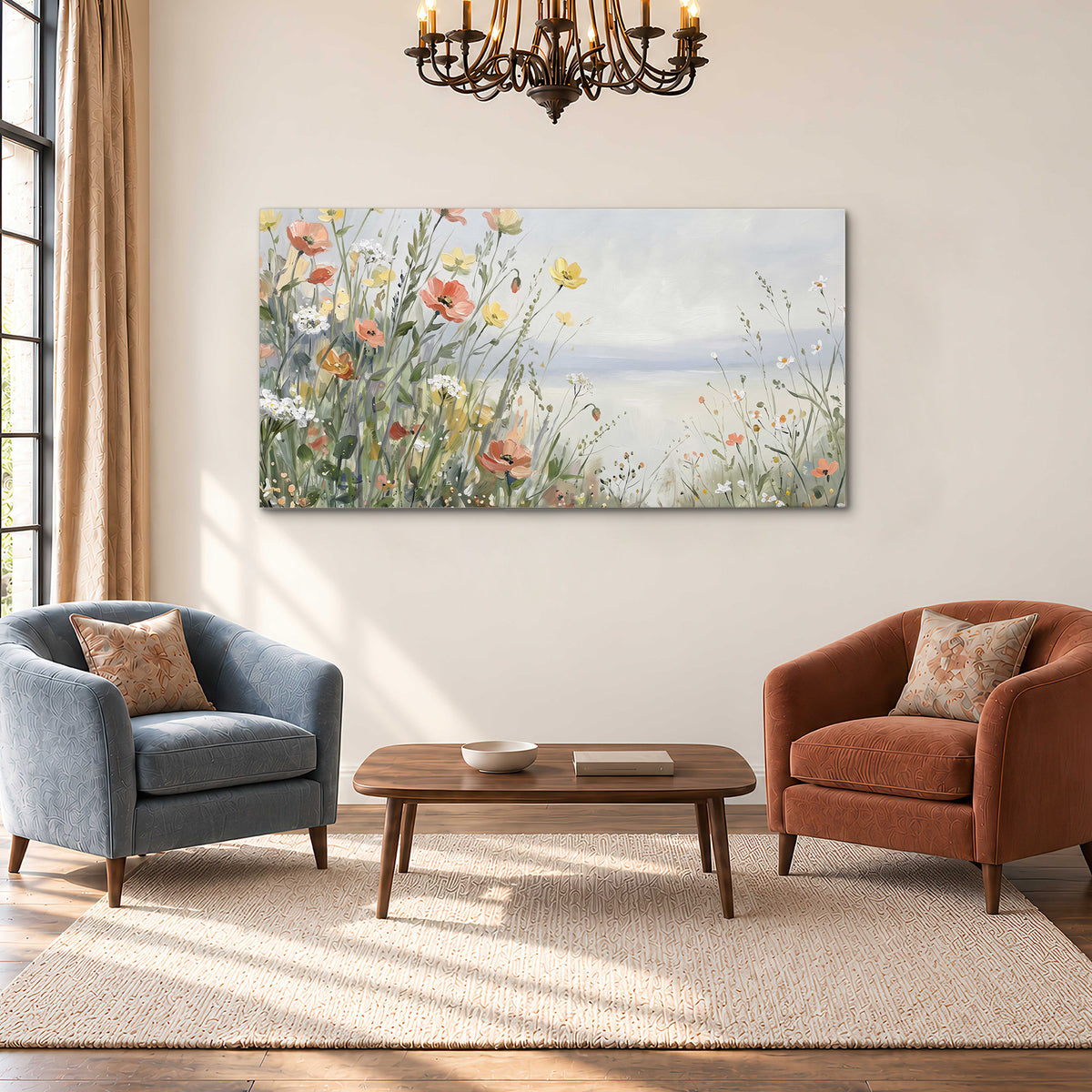Small colorful wildflowers and light grasses beside a pale lake single canvas wall art styled in an interior