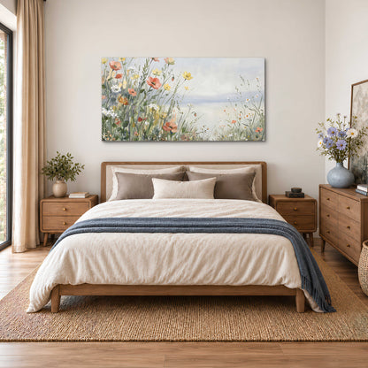 Small colorful wildflowers and light grasses beside a pale lake single canvas wall art styled in an interior