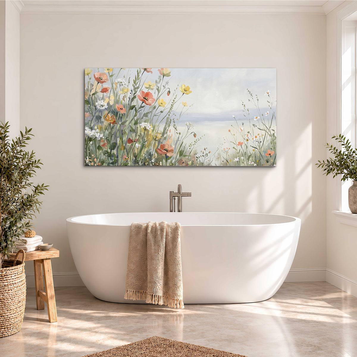 Small colorful wildflowers and light grasses beside a pale lake single canvas wall art styled in an interior