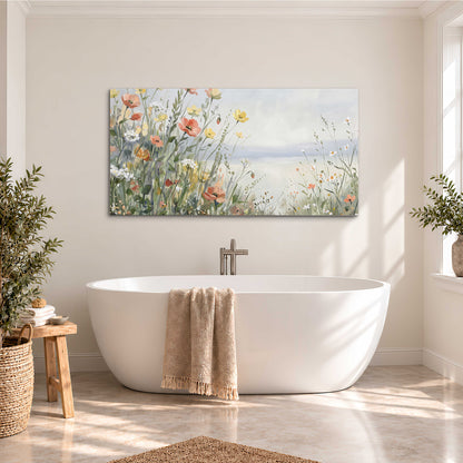 Small colorful wildflowers and light grasses beside a pale lake single canvas wall art styled in an interior