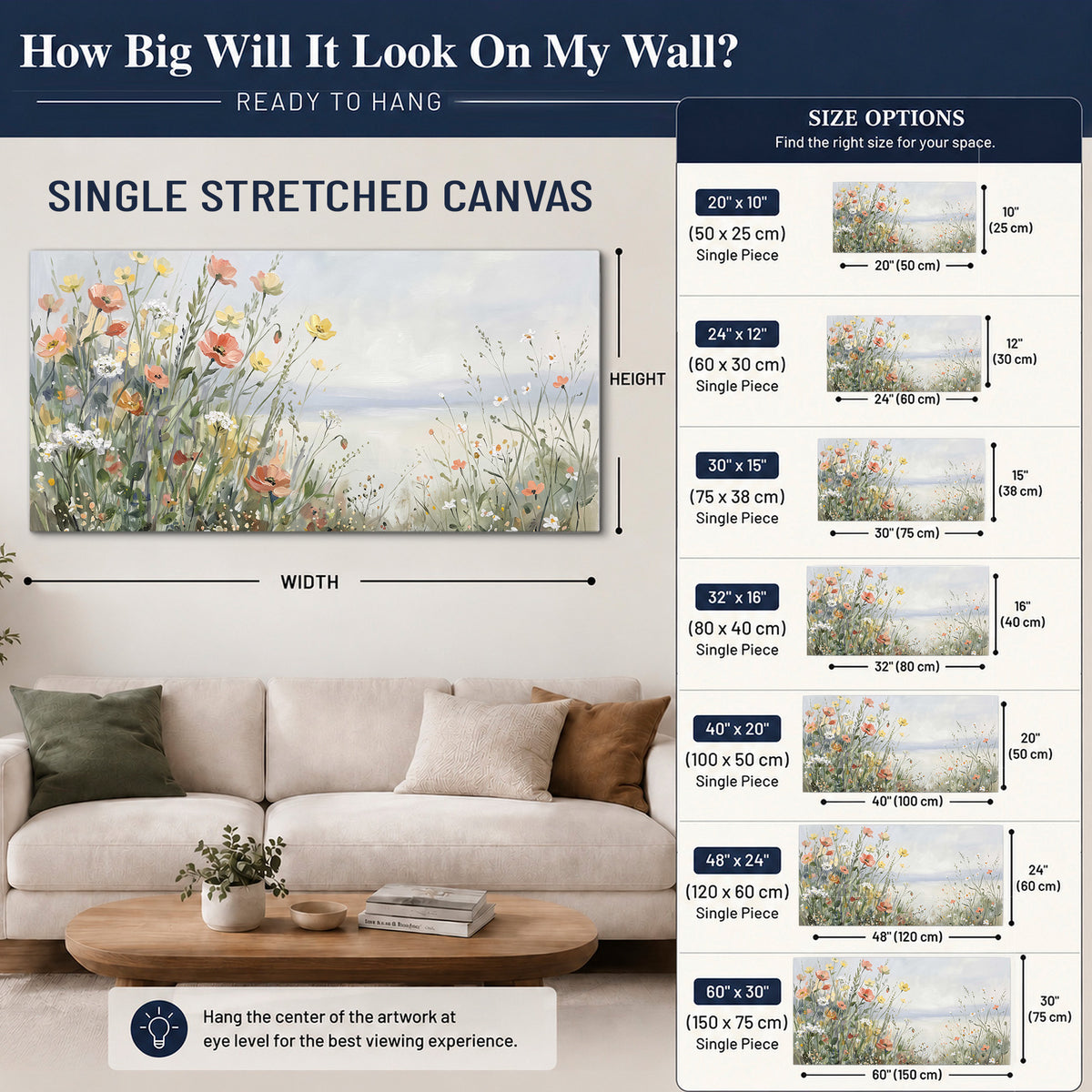 Small colorful wildflowers and light grasses beside a pale lake single canvas wall art size guide above a sofa; room view is illustrative