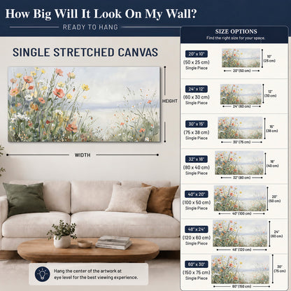 Small colorful wildflowers and light grasses beside a pale lake single canvas wall art size guide above a sofa; room view is illustrative