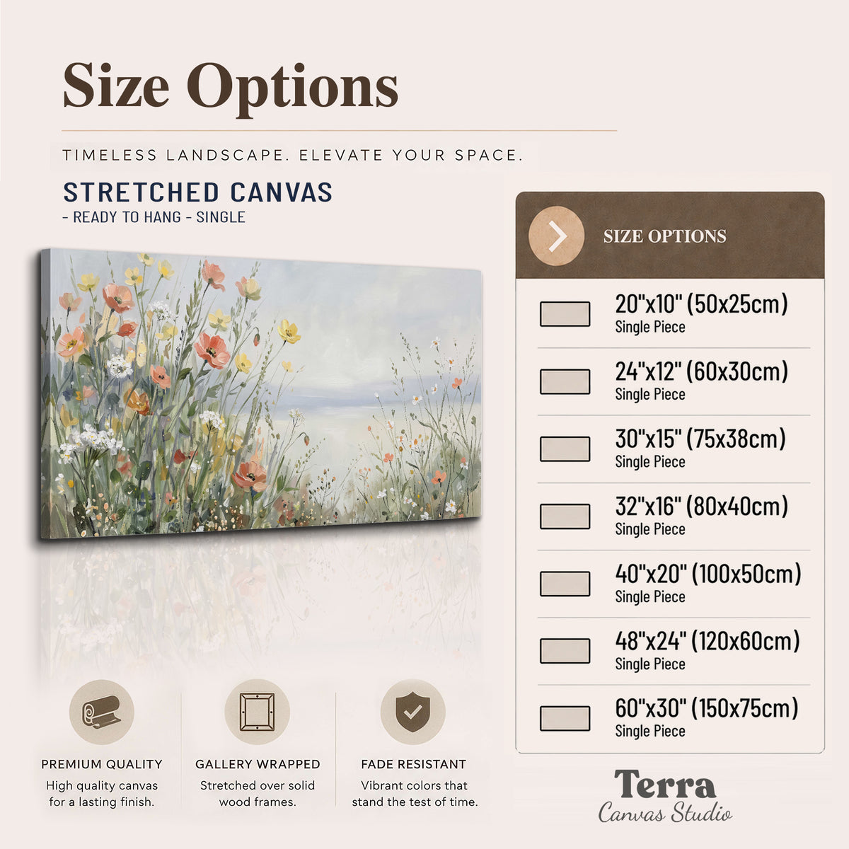Small colorful wildflowers and light grasses beside a pale lake single canvas wall art available dimensions