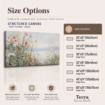 Small colorful wildflowers and light grasses beside a pale lake single canvas wall art available dimensions
