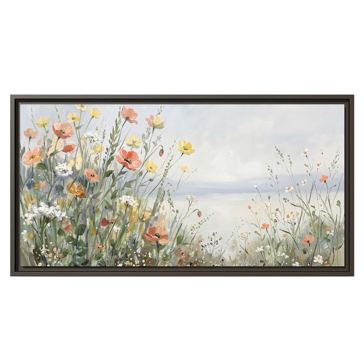 Small colorful wildflowers and light grasses beside a pale lake single framed canvas wall art viewed straight on