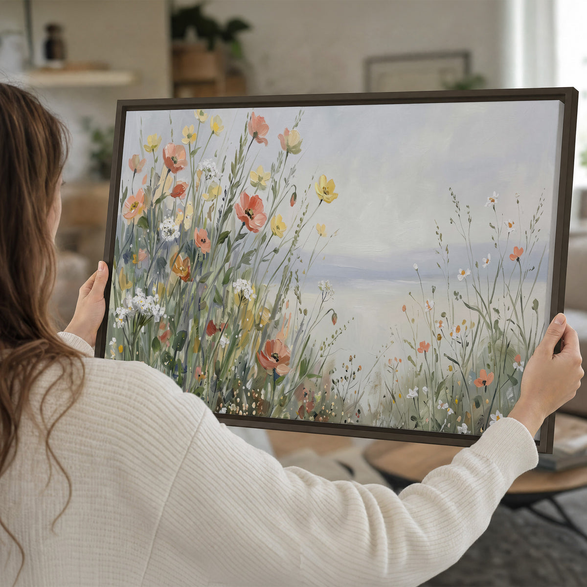 Small colorful wildflowers and light grasses beside a pale lake single framed canvas wall art held in hands