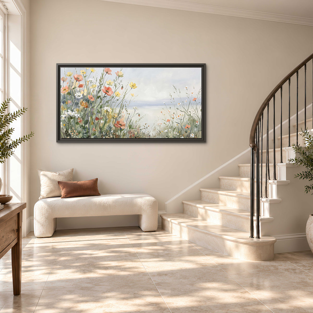 Small colorful wildflowers and light grasses beside a pale lake single framed canvas wall art styled in an interior