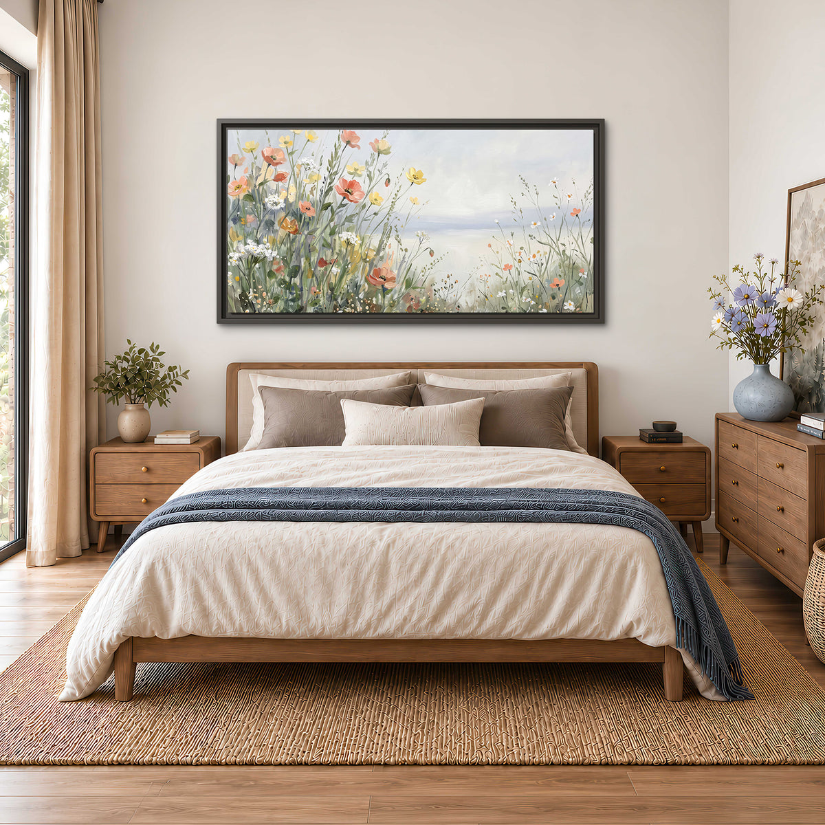 Small colorful wildflowers and light grasses beside a pale lake single framed canvas wall art styled in an interior