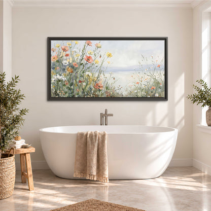 Small colorful wildflowers and light grasses beside a pale lake single framed canvas wall art styled in an interior