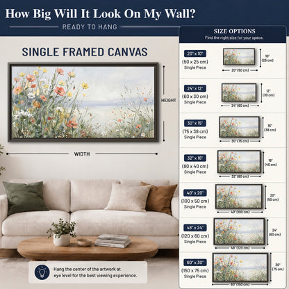 Small colorful wildflowers and light grasses beside a pale lake single framed canvas wall art size guide above a sofa; room view is illustrative