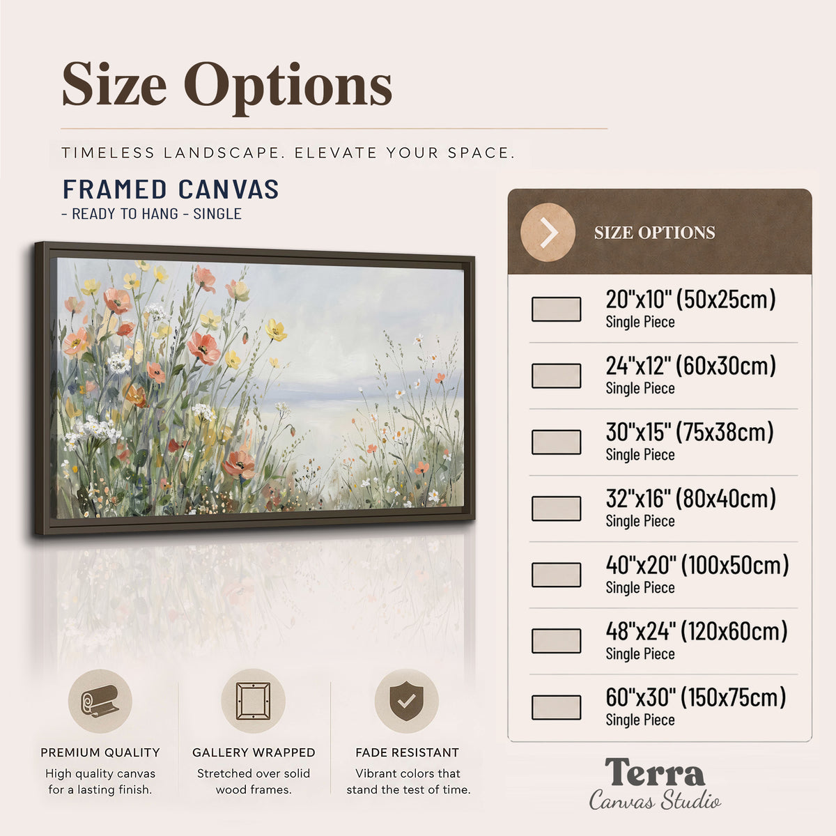 Small colorful wildflowers and light grasses beside a pale lake single framed canvas wall art available dimensions