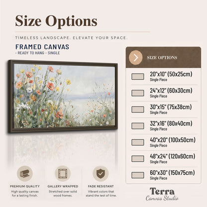 Small colorful wildflowers and light grasses beside a pale lake single framed canvas wall art available dimensions