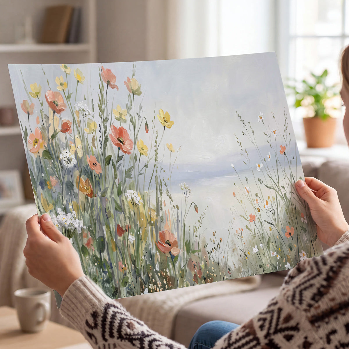 Small colorful wildflowers and light grasses beside a pale lake single poster print held in hands