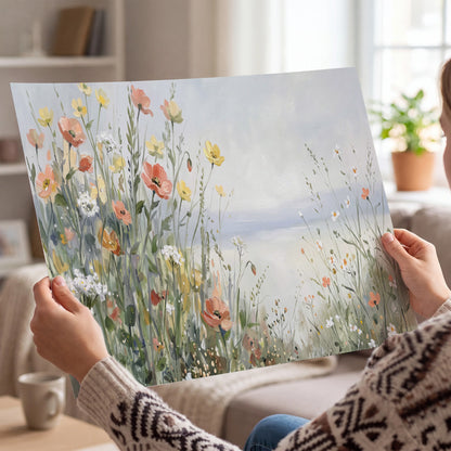 Small colorful wildflowers and light grasses beside a pale lake single poster print held in hands