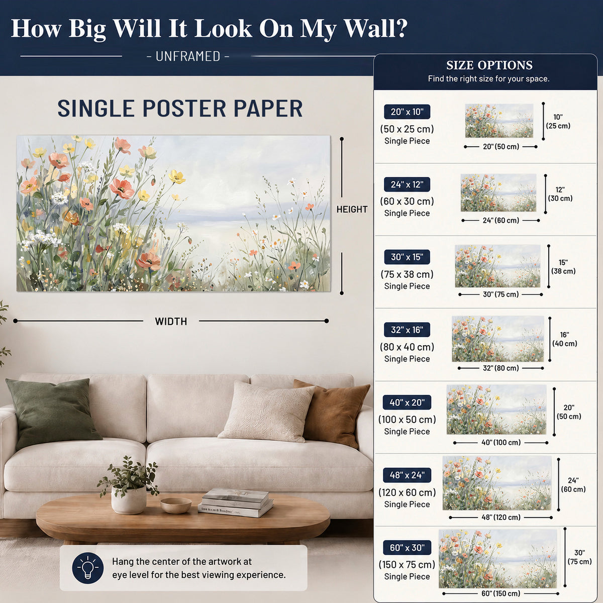 Small colorful wildflowers and light grasses beside a pale lake single poster print size guide above a sofa; room view is illustrative