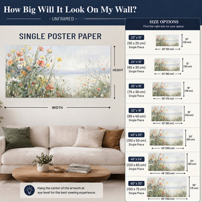 Small colorful wildflowers and light grasses beside a pale lake single poster print size guide above a sofa; room view is illustrative
