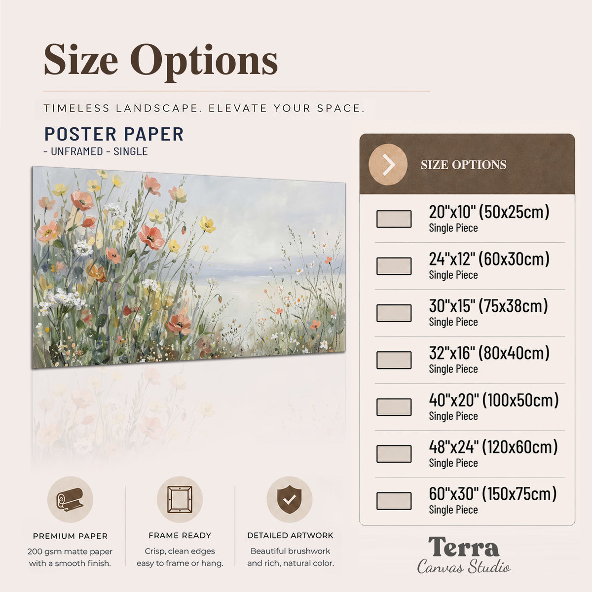 Small colorful wildflowers and light grasses beside a pale lake single poster print available dimensions