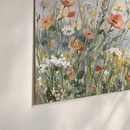 Small colorful wildflowers and light grasses beside a pale lake set of 3 poster prints material and edge close up