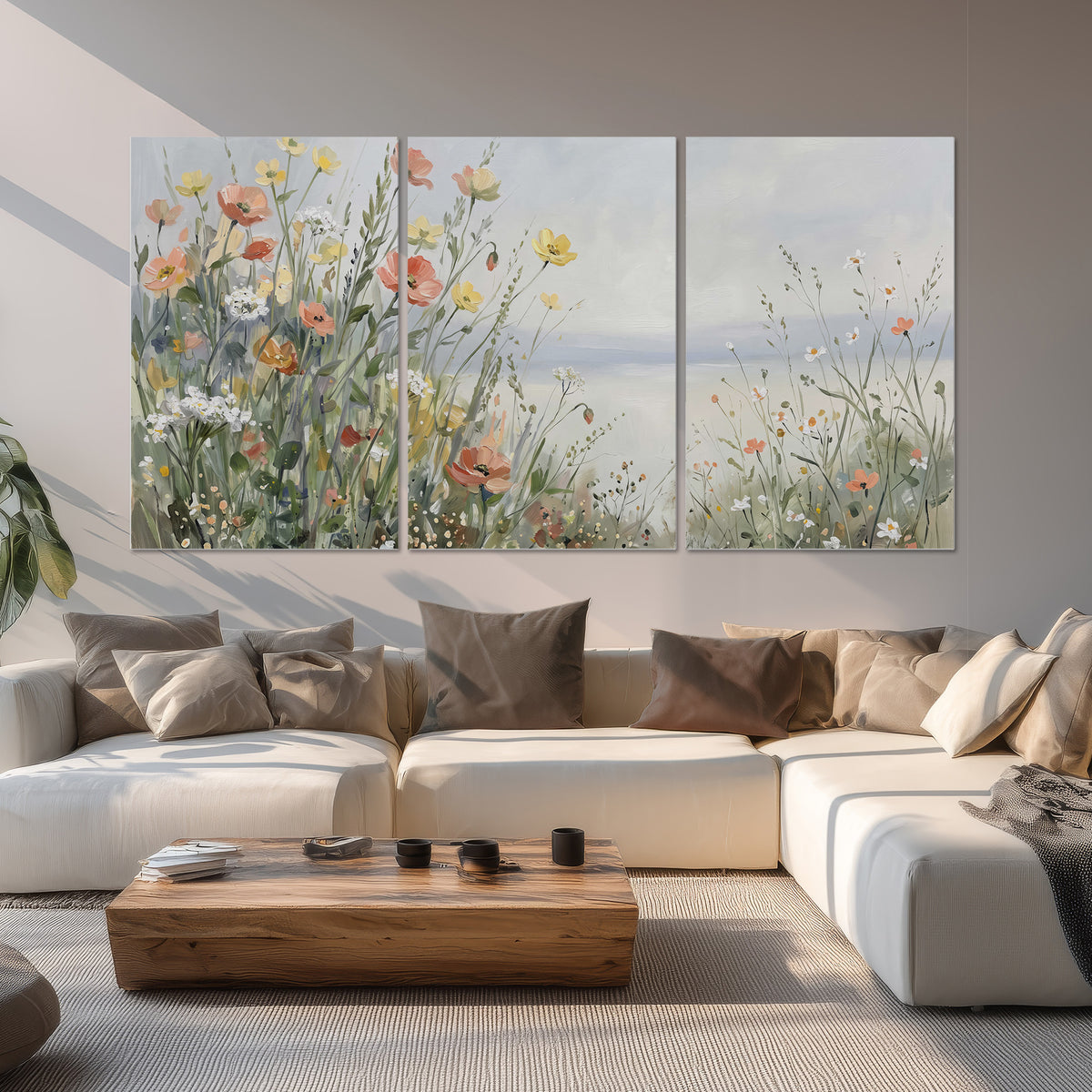 Small colorful wildflowers and light grasses beside a pale lake set of 3 poster prints displayed in a living room