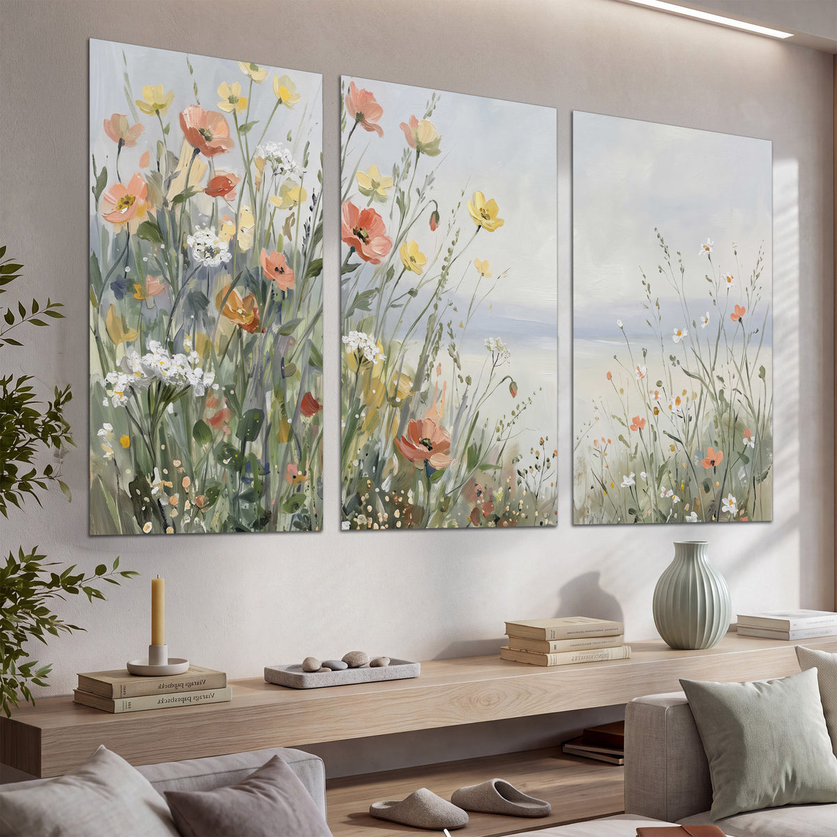 Small colorful wildflowers and light grasses beside a pale lake set of 3 poster prints displayed in a console