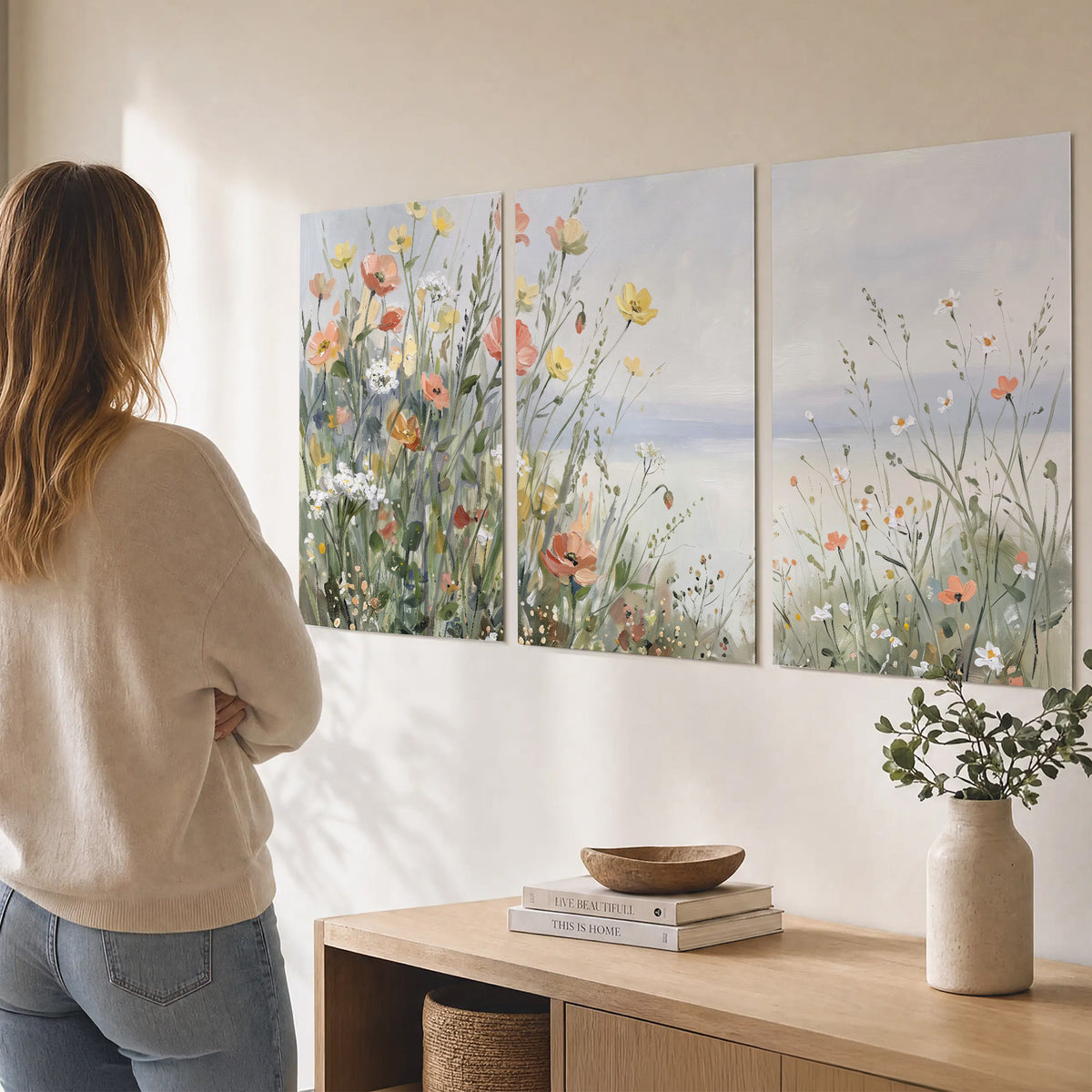 Small colorful wildflowers and light grasses beside a pale lake set of 3 poster prints three panel arrangement on a wall