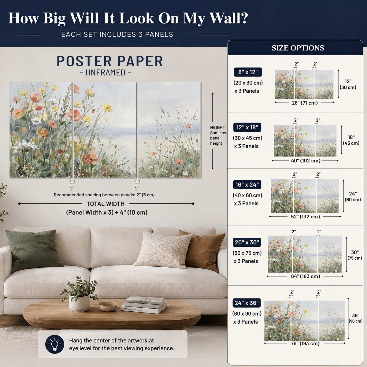 Small colorful wildflowers and light grasses beside a pale lake set of 3 poster prints size guide above a sofa; room view is illustrative