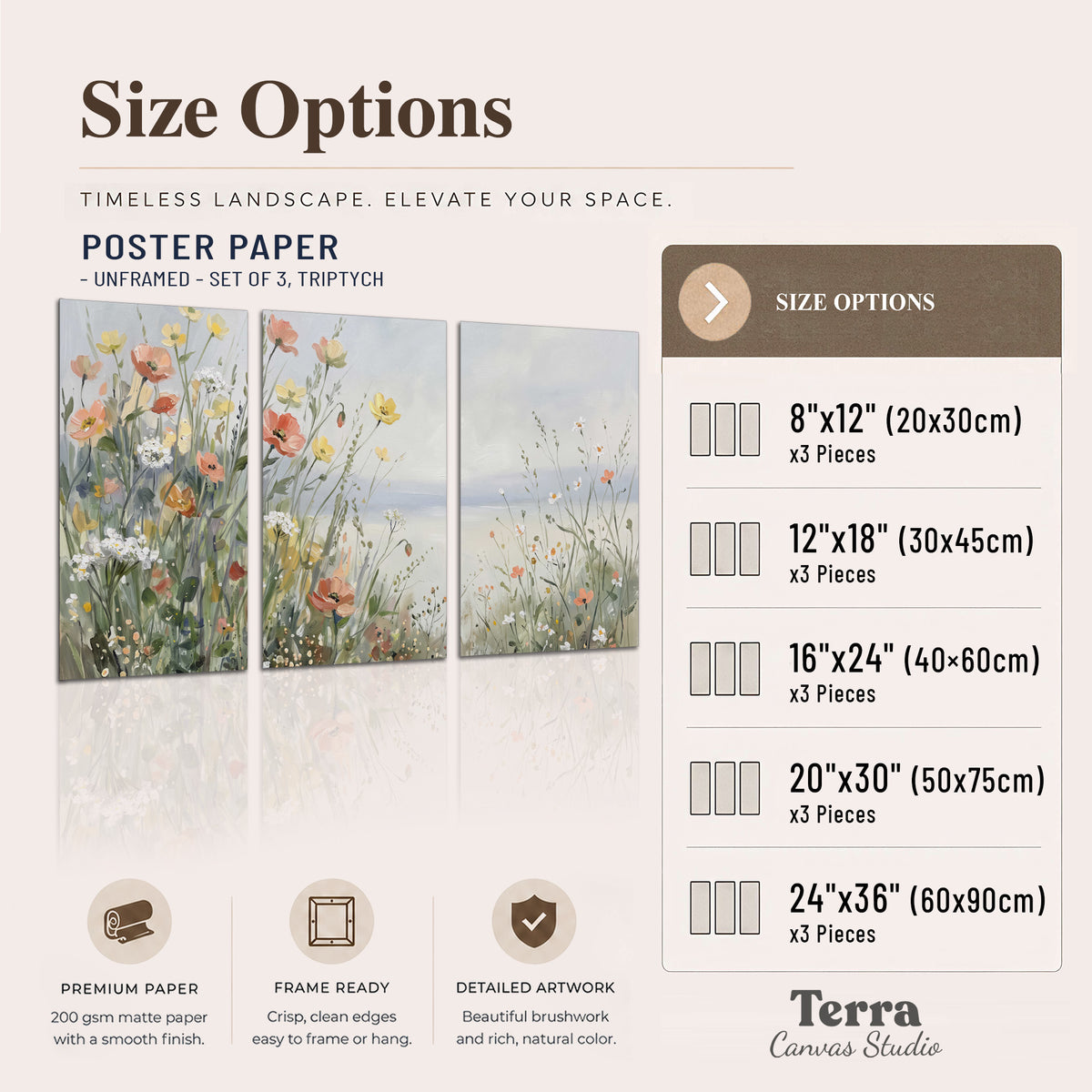 Small colorful wildflowers and light grasses beside a pale lake set of 3 poster prints available dimensions; triptych dimensions are per panel