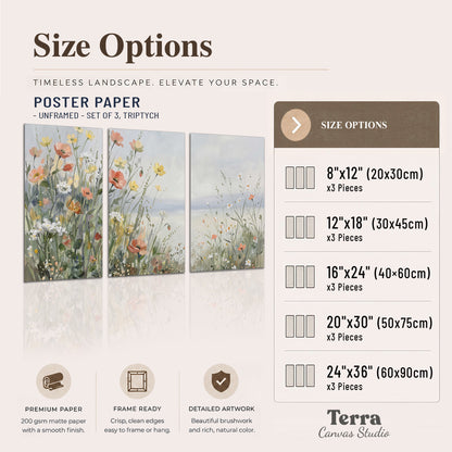 Small colorful wildflowers and light grasses beside a pale lake set of 3 poster prints available dimensions; triptych dimensions are per panel