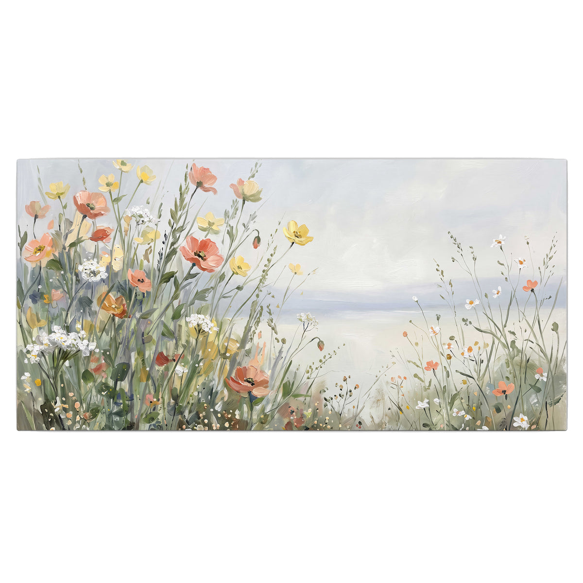 Small colorful wildflowers and light grasses beside a pale lake single canvas wall art viewed straight on