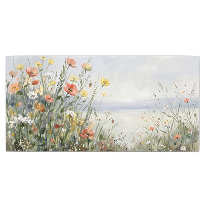 Small colorful wildflowers and light grasses beside a pale lake single canvas wall art viewed straight on