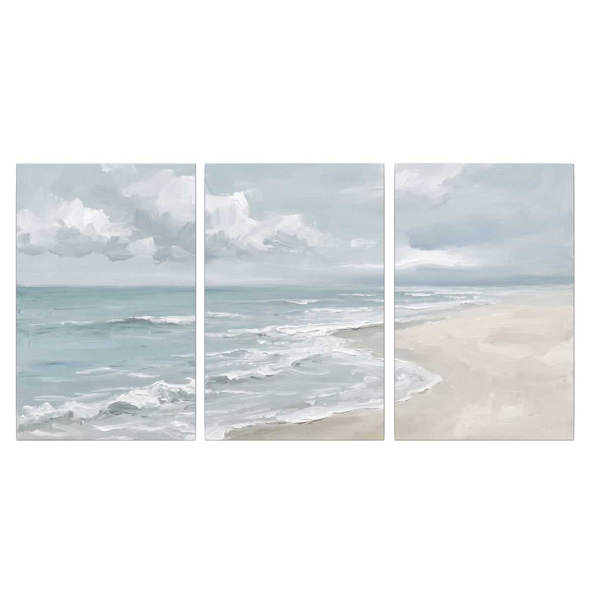 Gentle pale blue waves washing across a light sandy beach 3 piece canvas wall art viewed straight on